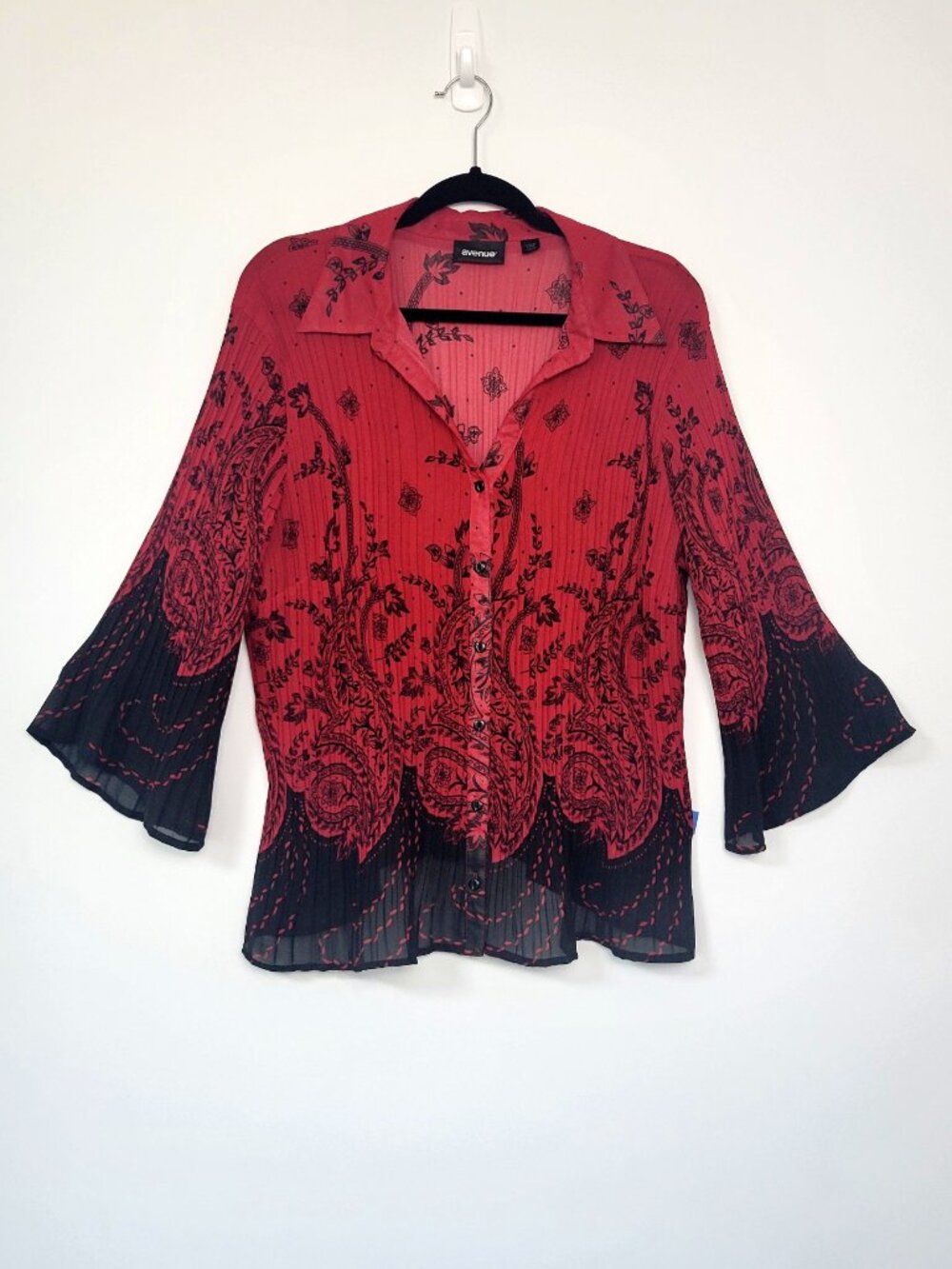 Vintage 90s Avenue Red Paisley Sheer Pleated Bell Sleeve Blouse